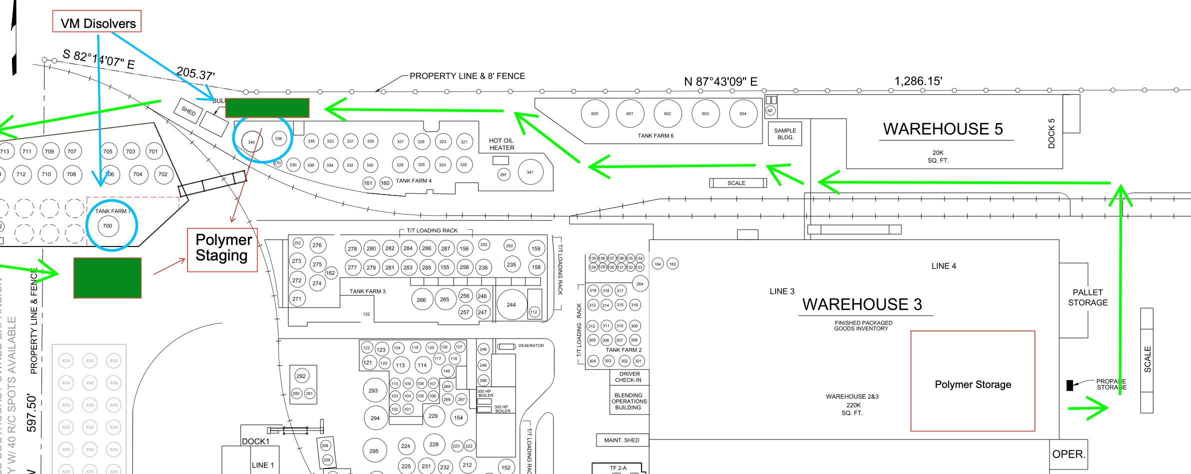 Site plan with Warehouse 3 to Polymer Staging route highlighted
